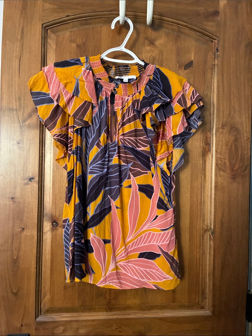 Mulberry Leaf Print Ruffle Sleeve Blouse - Pink & Mustard